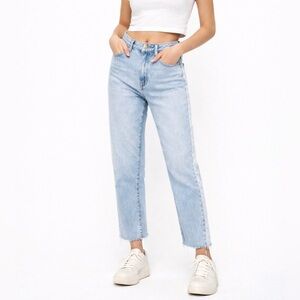 PacSun Mom Jeans 26 Light Wash Blue & White Y2K Raw Hem Cropped Denim High Rise